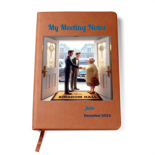 Vegan leather journal with vibrant meeting notes design, ribbon bookmark, and elastic closure.