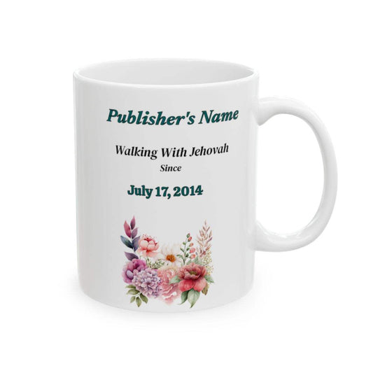 Personalized coffee cup with name and baptismal date, featuring floral design and C-handle.