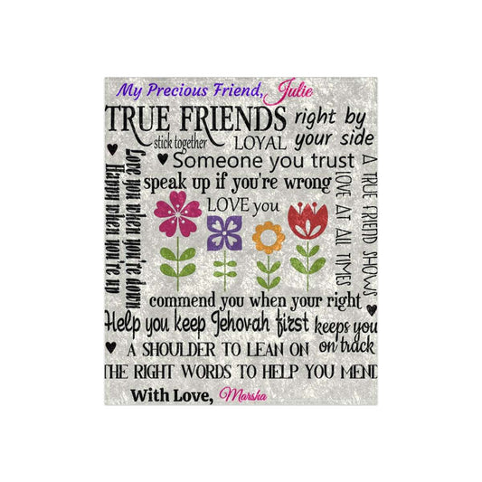 Crushed velvet blanket with floral design and friendship quotes, 50x60 inches, polyester, shiny finish.