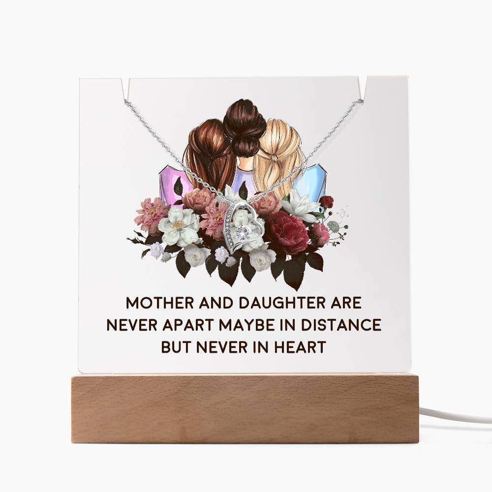 Mother and Daughter Necklace and Acrylic LED Nightlight Bundle with Wooden Base