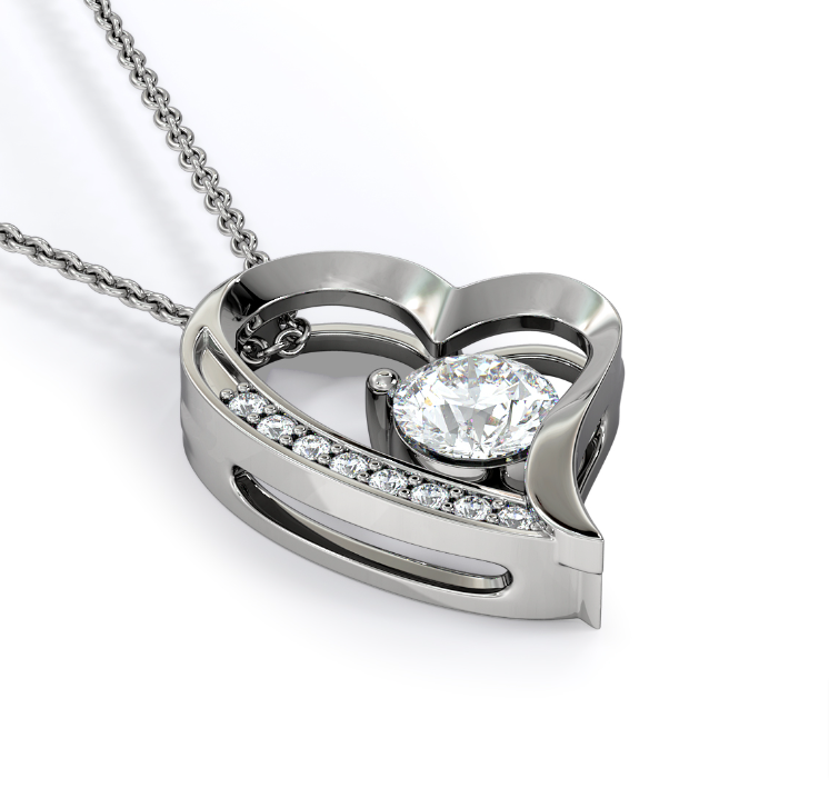 Heart-shaped necklace with CZ crystal, white gold finish.