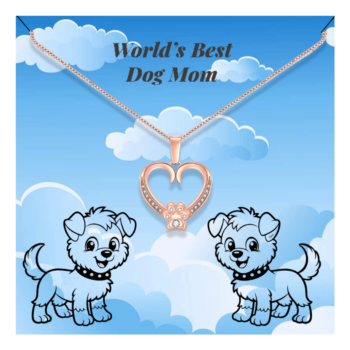 Paw heart pendant necklace with cubic zirconia and message card for pet lovers.