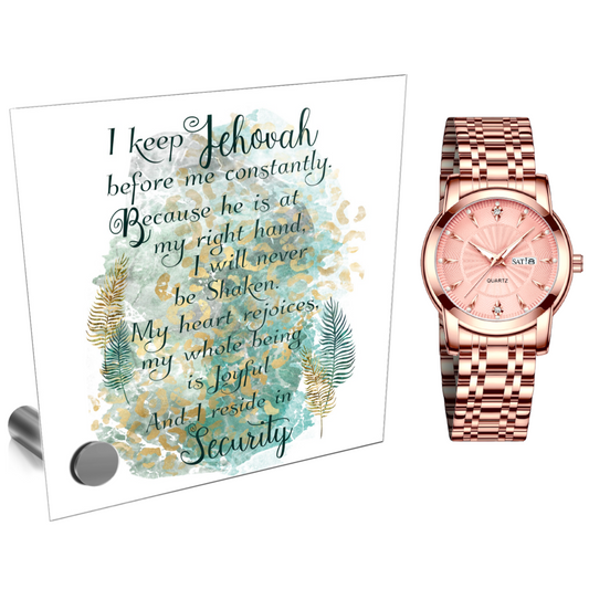 Rose gold ladies' watch with a cubic zirconia-studded dial and Lumenglass message stand.