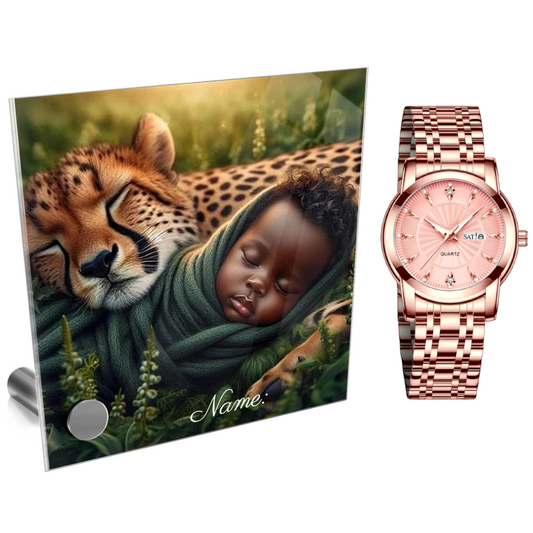 Rose Gold Stainless Steel Women's Watch and Personalized Lumenglass Message Stand Gift Set