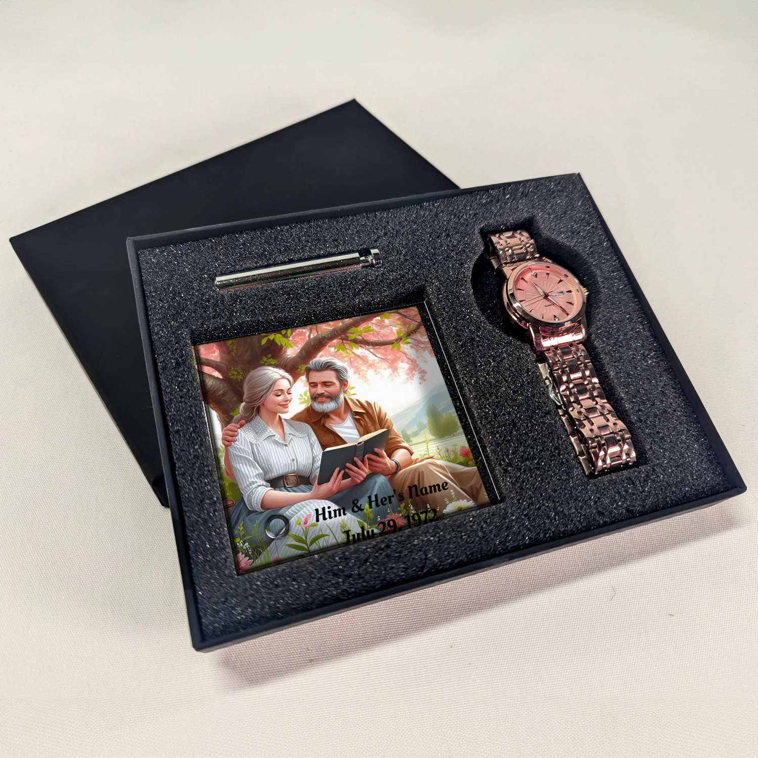 Rose gold stainless steel ladies' watch and personalized Lumenglass message stand gift set with engraving option.