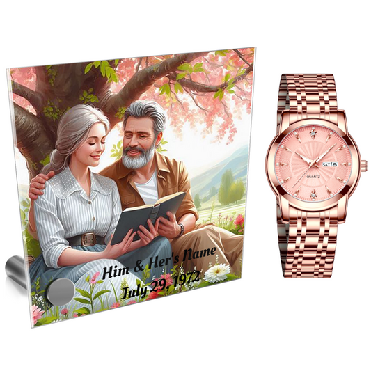 Rose gold ladies' wristwatch with cubic zirconia accents and personalized Lumenglass message stand featuring a happy couple.