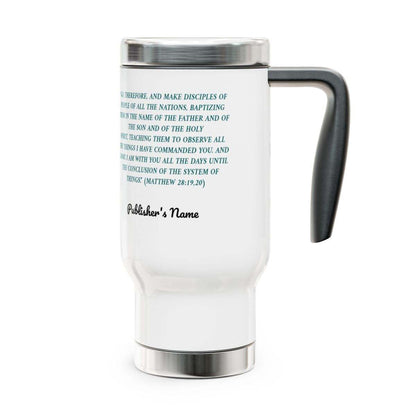 Stainless steel personalized coffee cup tumbler with "Preach The Good News" design, 14 oz, white enamel finish, spill-resistant cap.