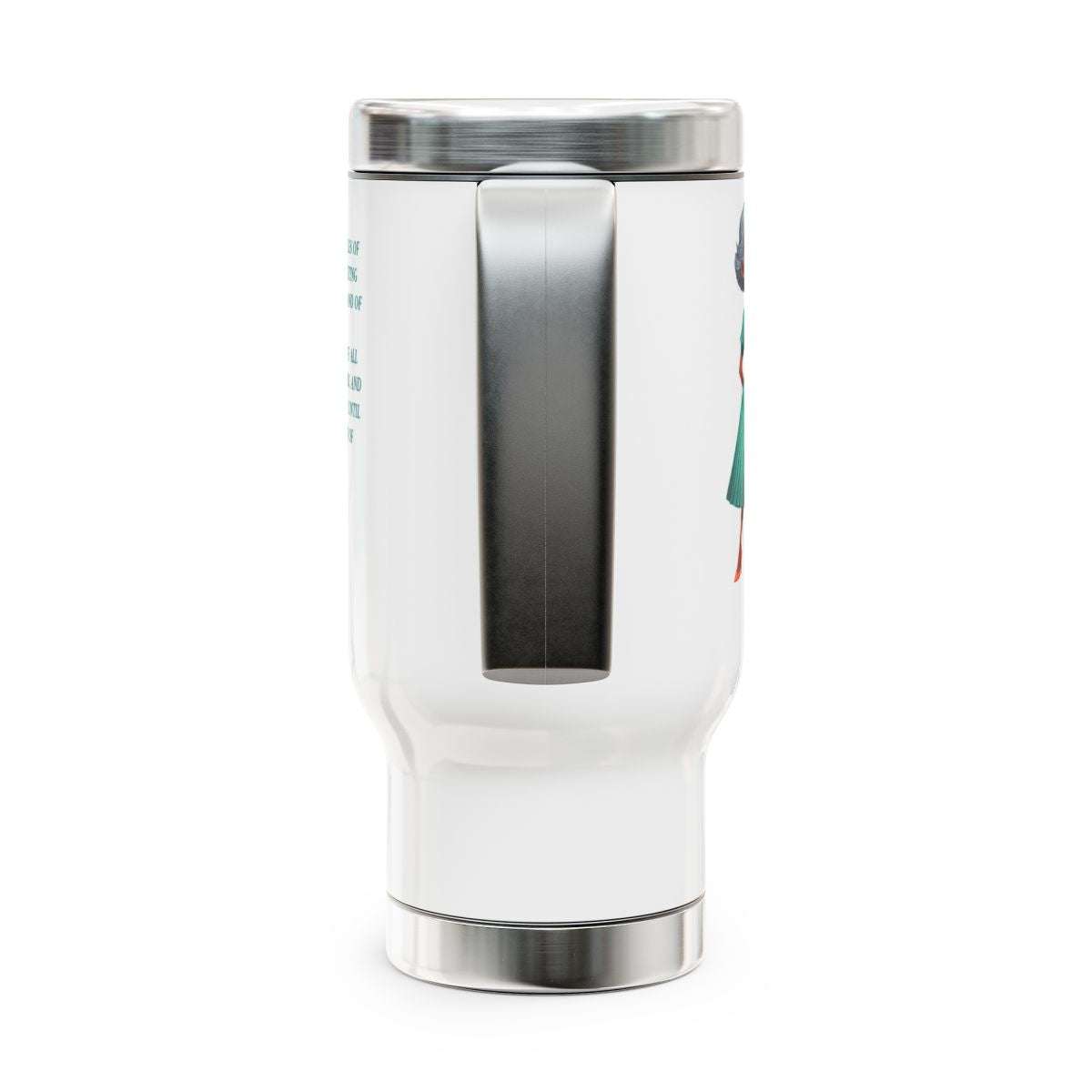 Stainless steel travel coffee cup tumbler with enamel finish and personalized design, 14 oz capacity.