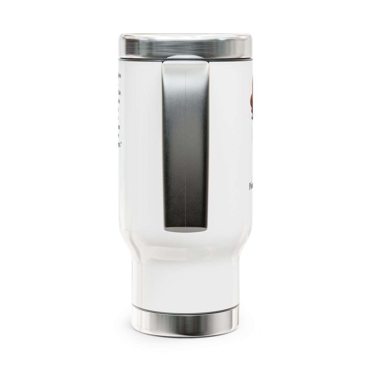 Personalized stainless steel travel mug with Pioneer School design, 14 oz, white enamel finish, leak-resistant cap.