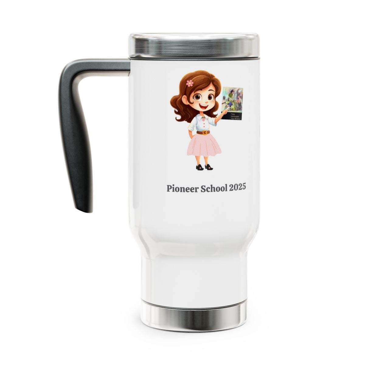 Personalized Pioneer School stainless steel travel mug, 14 oz, glossy white enamel, spill-resistant cap.