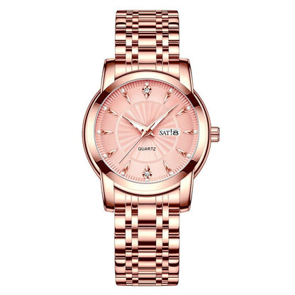 Rose gold stainless steel ladies' watch with cubic zirconia accents and personalized Lumenglass message stand.