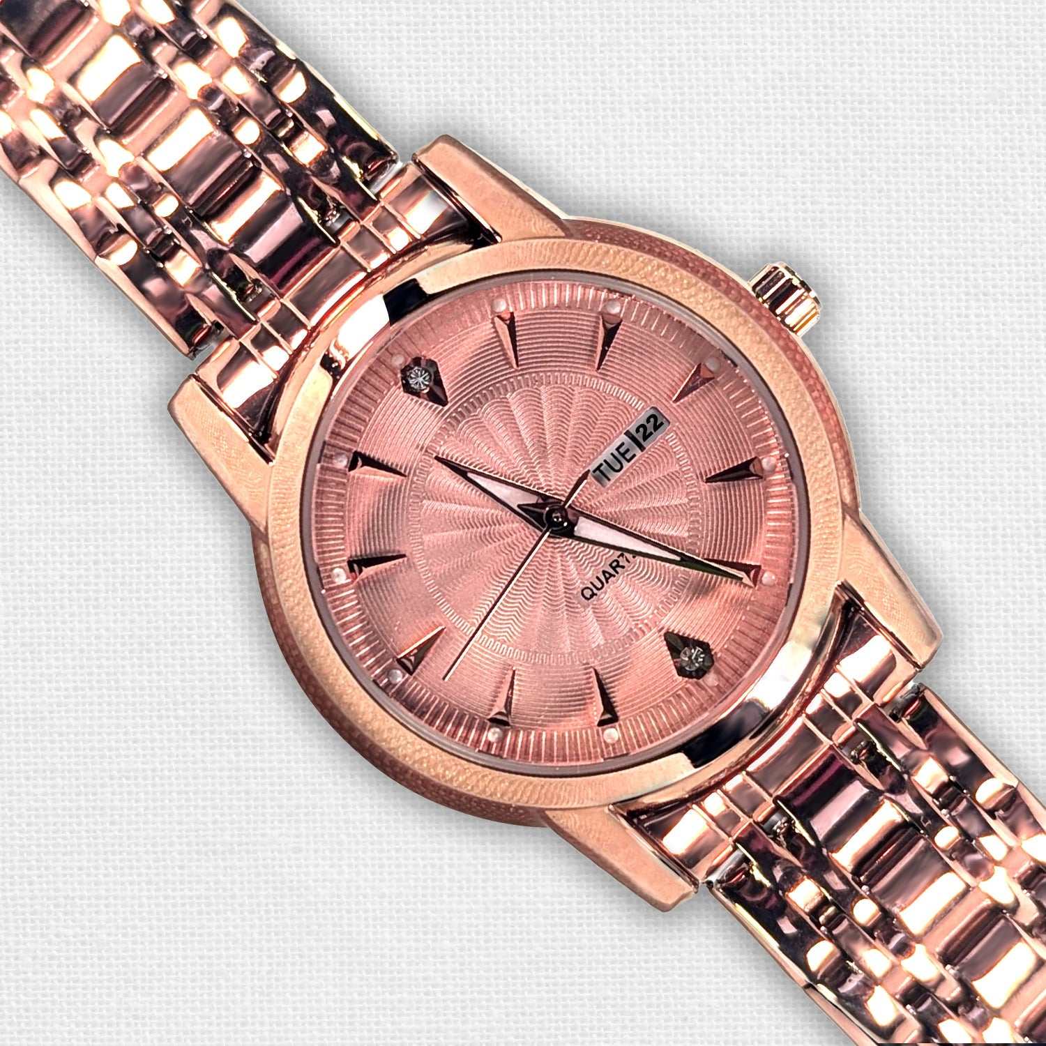 Rose gold stainless steel ladies' watch with cubic zirconia accents and personalized Lumenglass message stand.