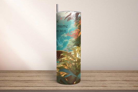 Tumbler-Give Jehovah Glory-2025, 20oz stainless steel, keeps drinks hot 12h, cold 24h, gasket lid, matching straw, color block design.